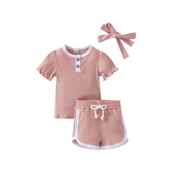 Liacowi 3Pcs Little Girls Sweet Style Outfit Clothes Set, Toddlers Summer Color Matching Lace Short Sleeve Round Collar Tops + Shorts + Headwear
