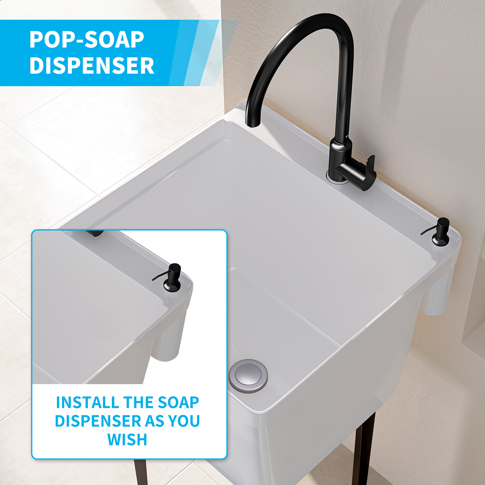 TABU Freestanding Utility Sink Laundry Tub, with Stainless Steel Faucet, White