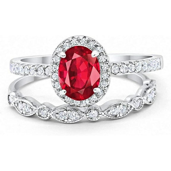 beryl_creation 14K White Gold Plated 2.10 Ct Oval Cut Red Ruby Wedding Engagement Halo Bridal Ring Set 925 Sterling Silver For Women's -7.5