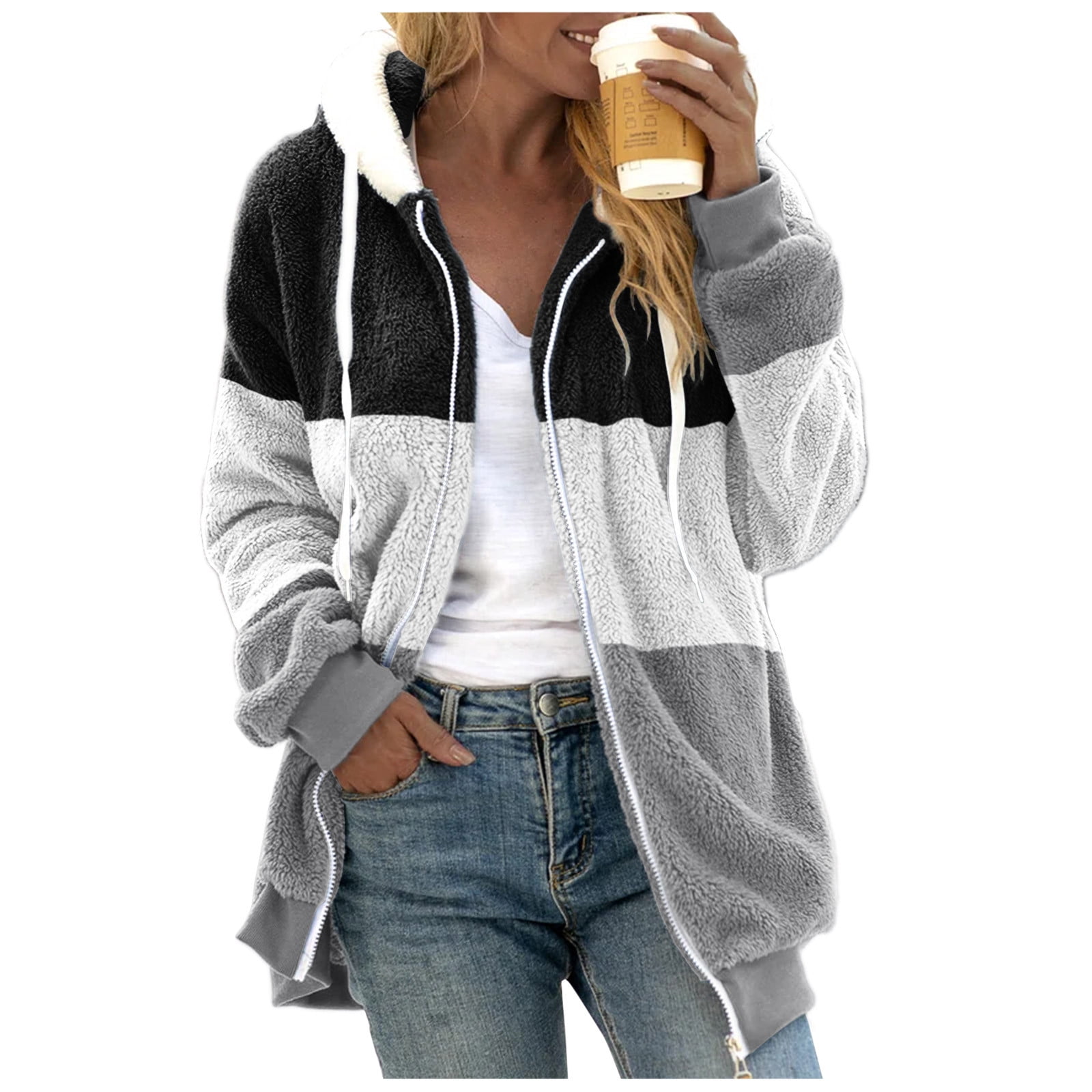 MeetoTime Plus Size Hoodies for Women Fleece Fuzzy Winter Hooded Full Zip Up Color Block Casual Outerwear with Pockets