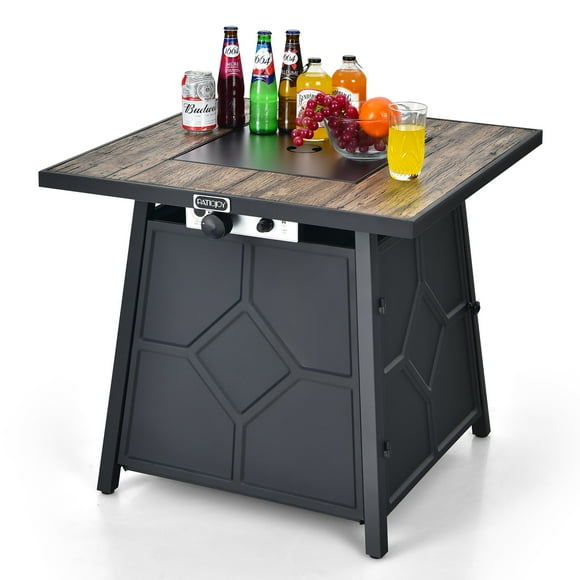 Patiojoy Outdoor Propane Fire Pit Table 28" Square Gas Fire Table with Removable Lid Lava Stone