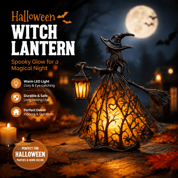 Halloween Witch Lamp, Halloween Plug-In USB Tabletop Light 5.9 Inch Laser-Cut Resin Lantern With Forest Spider Motifs And Heart Detail, Warm Glow Through Silhouette For Cozy Desk Or Mantel Display