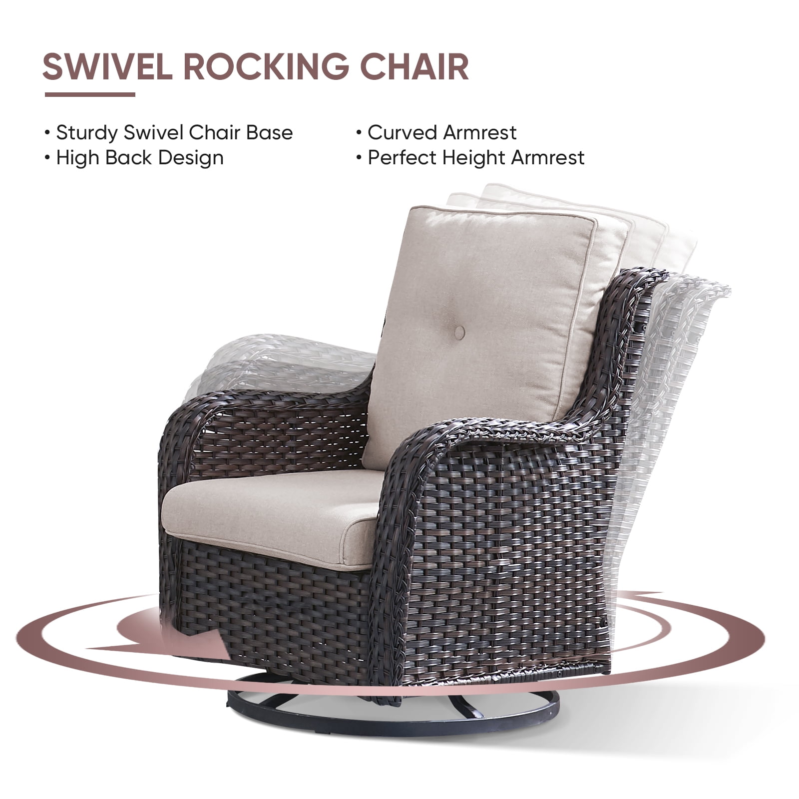 Gymojoy 5-Piece High Back Outdoor Wicker Conversation Set with Swivel Chairs, Ottoman & 50,000 BTU Fire Pit Table - Patio Furniture Set for Deck, Porch, Poolside