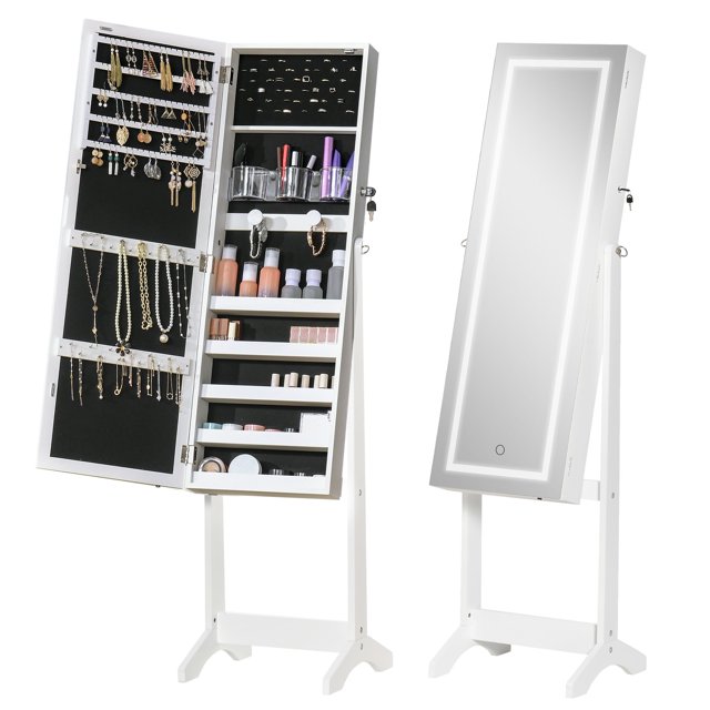 Lockable Jewelry Cabinet: With LED Light, Full-Length Mirror for Bedroom, Dressing Room, White