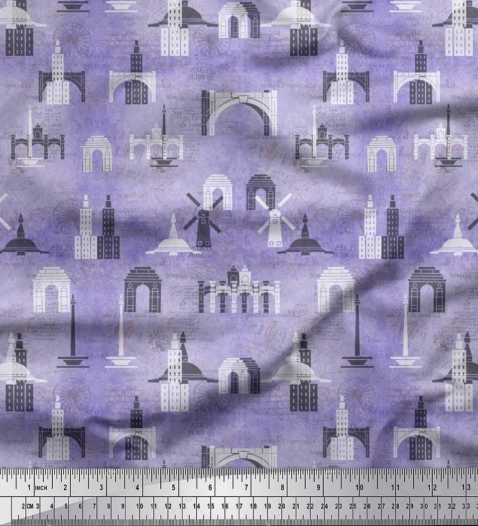 Soimoi Purple Rayon Crepe Fabric Text & Monuments Architectural Printed Craft Fabric by the Yard 46 Inch Wide