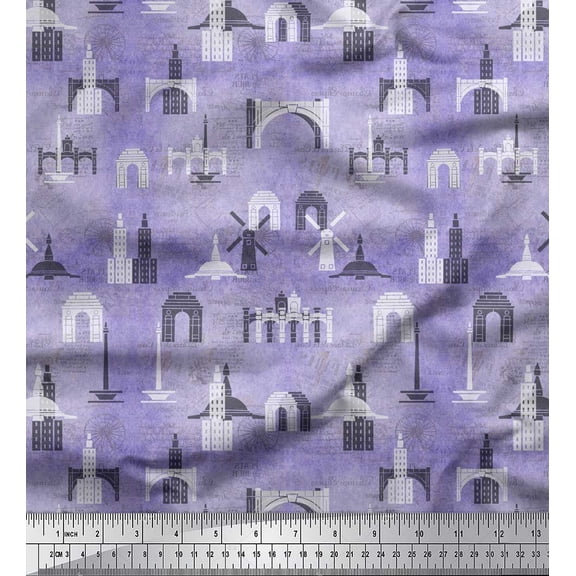 Soimoi Purple Poly Georgette Fabric Text & Monuments Architectural Print Sewing Fabric Yard 42 Inch Wide