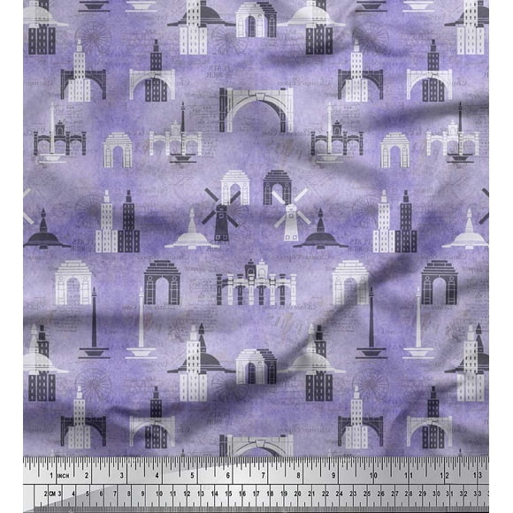 Soimoi Voile de Coton Violet Tissu Texte et Monuments Imprimés de Tissu Architecturaux au Yard 42 Pouces de Large