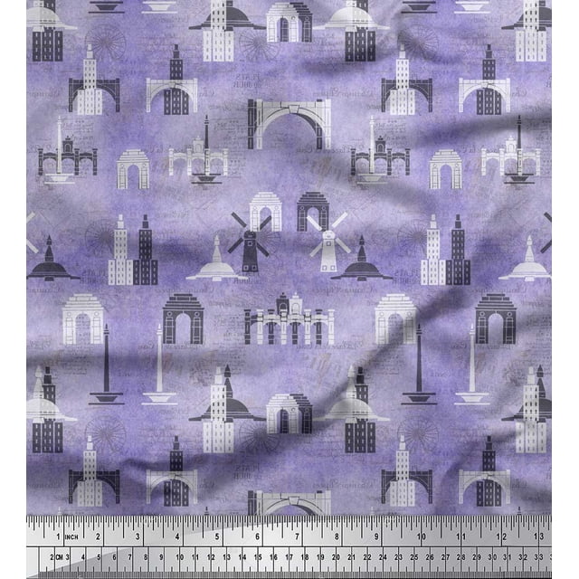 Soimoi Tissu Georgette Poly Violet Texte & Monuments Imprimé Architectural Tissu de Couture au Yard 42 Pouces de Large