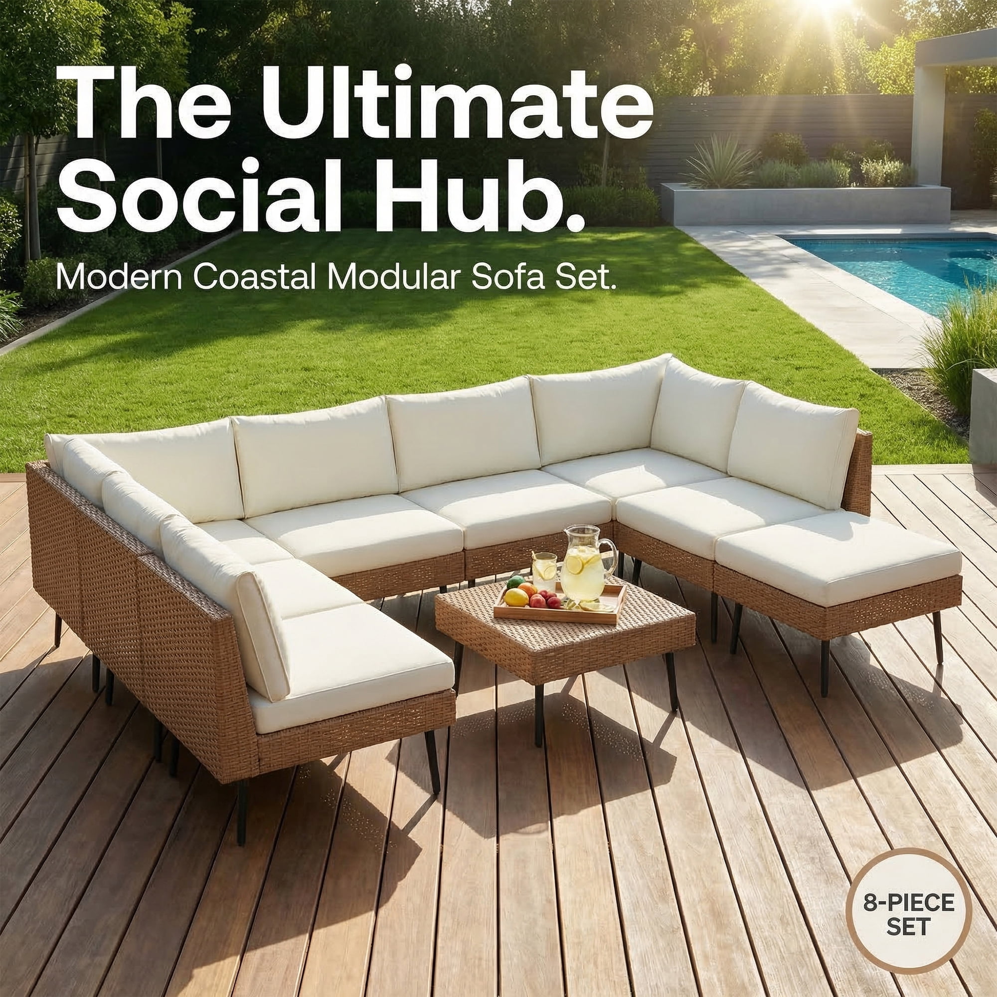 LAZZO 8-Piece Outdoor Wicker Conversation Set, All-Weather Sectional Sofa with 6 Chairs & 2 Ottomans, Beige Cushions