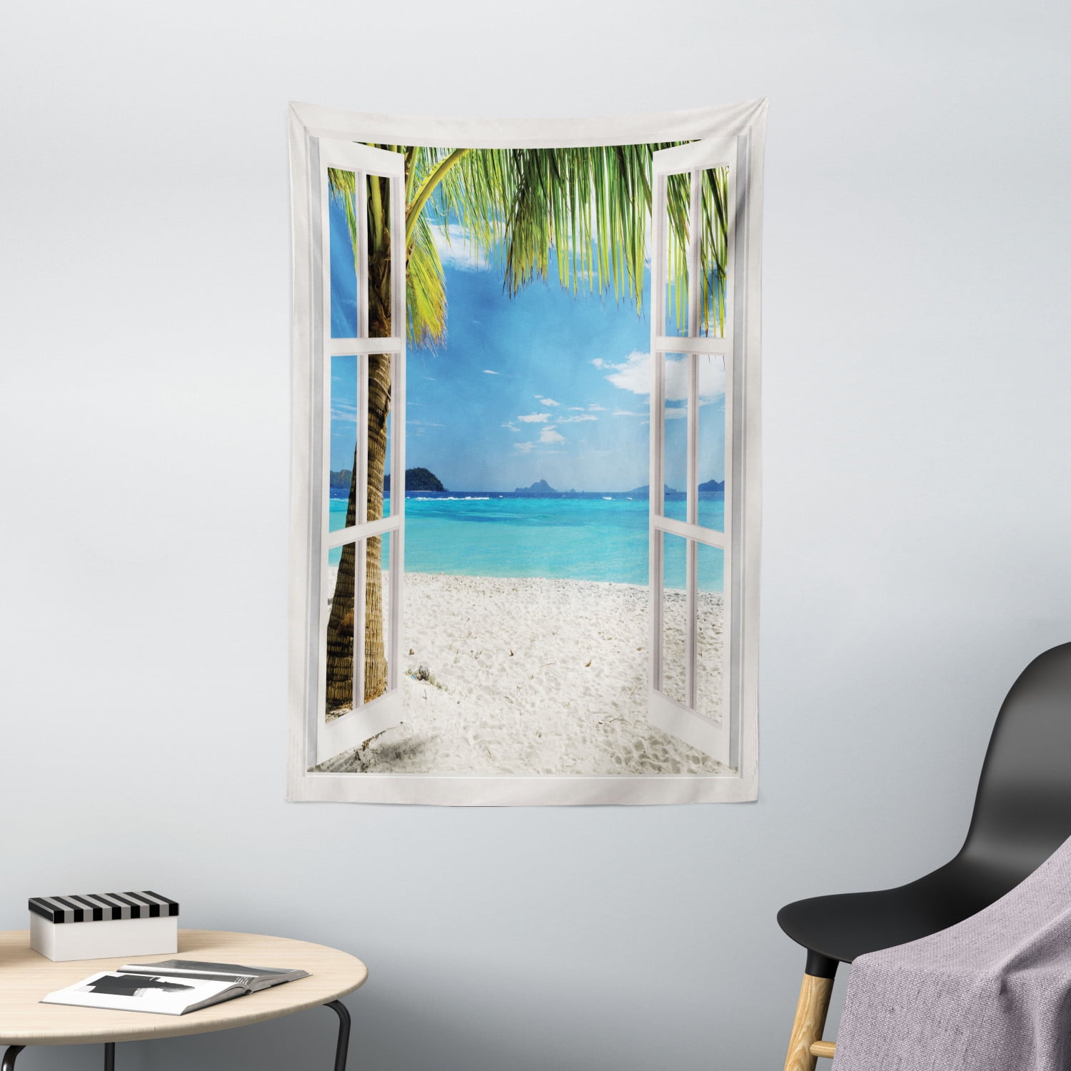 Turquoise Tapestry, Tropical Palm Trees on Island Ocean Beach Through