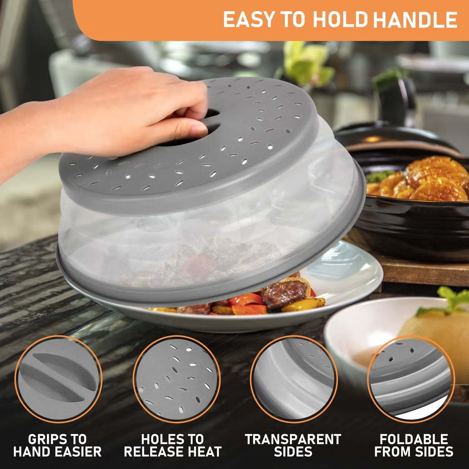 Vented Collapsible Microwave Splatter Cover for Food,Kitchen dish bowl Plate lid Can be Hung,Dishwasher-Safe,Fruit Drainer Basket,BPA-Free Silicone & Plastic,Grey