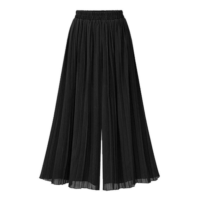 JWZUY Women's Elastic Waist A-Line Pleated Chiffon Cropped Wide Leg Pants  Culottes Black XL