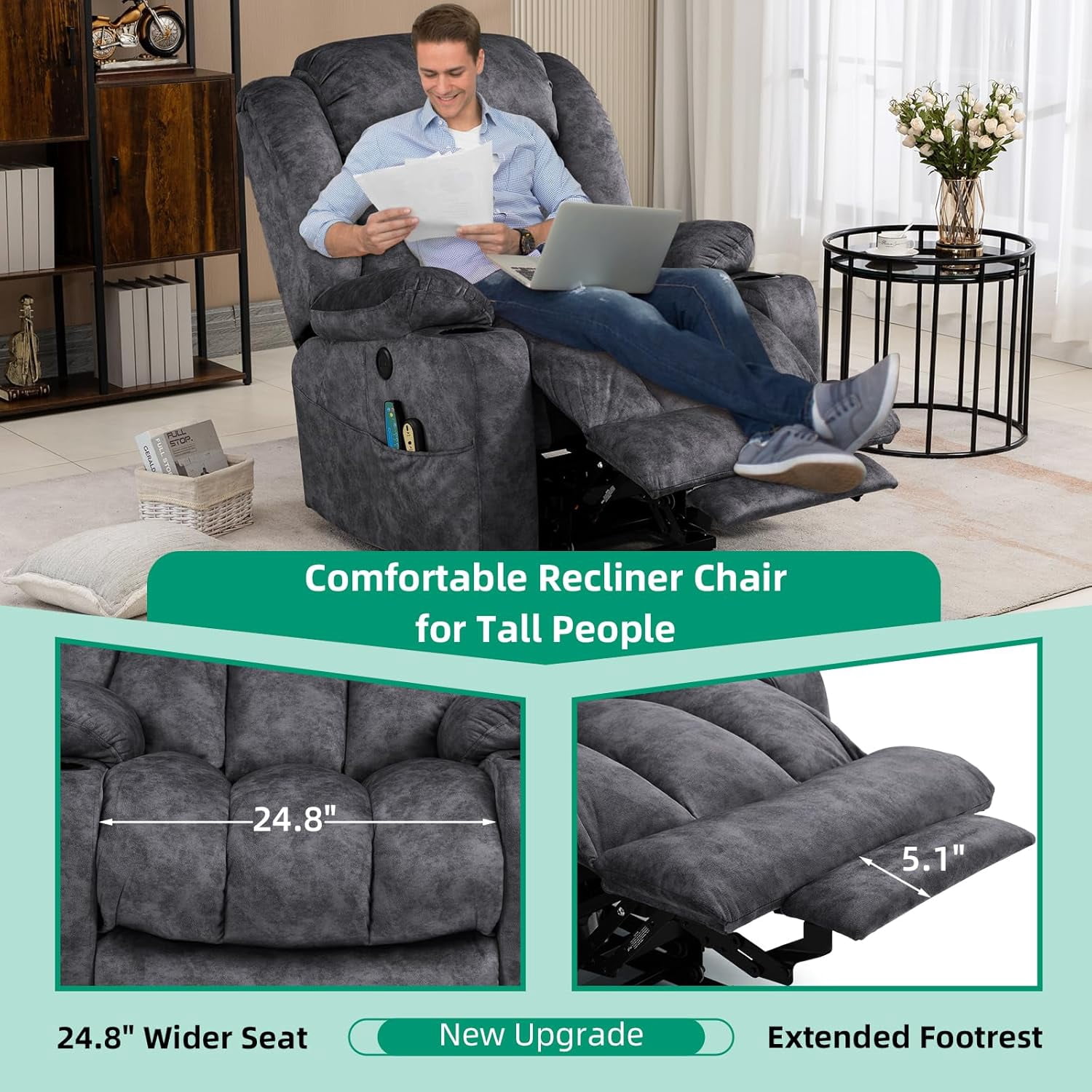 VIVIJASON Tall Man Large Power Lift Recliner Chair with Heat and Massage for Elderly, Overstuffed Wide Electric Lift Recliner w/Extended Footrest, 2 Cup Holder, USB Ports & Side Pockets, Fabric Grey