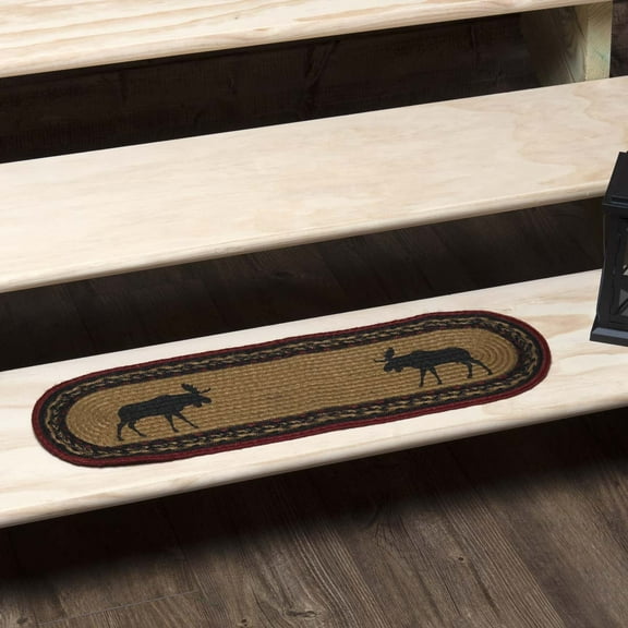 VHC Brands Cumberland Rustic Country Farmhouse Decor Natural Jute Fiber Stair Tread Latex Non Slip, Tan Red Black, Oval 8.5 x 27 inches