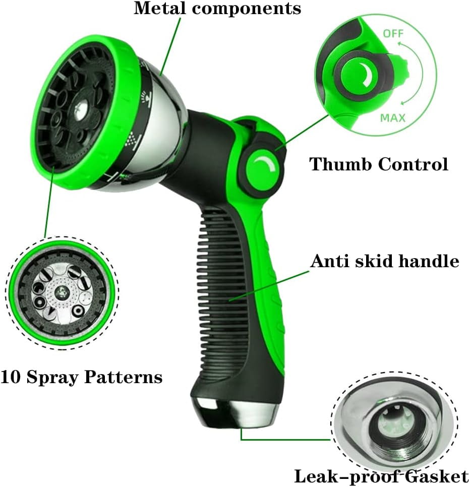 2-Pack Thumb Control Garden Hose Nozzle - 10 Pattern High Pressure Metal Spray Nozzle for Plants, Car Wash, Cleaning & Pets