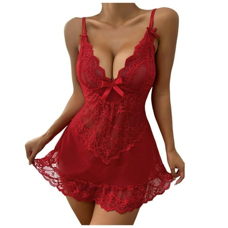 Ladies Nightgowns Babydoll Dress For Women Red Lingerie Lace Nightgown Pajamas For Women Set