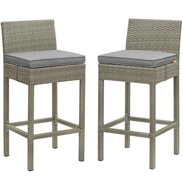 Conduit Bar Stool Outdoor Patio Wicker Rattan Set of 2 in Light Gray