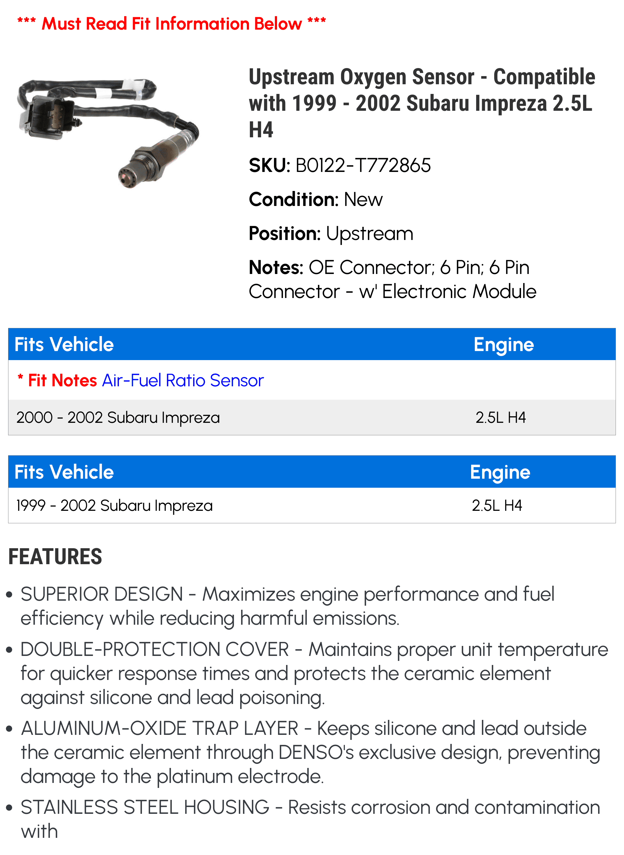 Upstream Oxygen Sensor - Compatible with 1999 - 2002 Subaru Impreza 2.5L H4 2000 2001