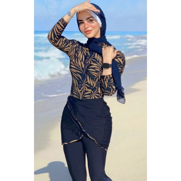 Traje de bano musulman para mujer hiyab de retales modesto traje de bano deportivo de manga larga 3 uds. traje de bano islamico Burkinis Tan