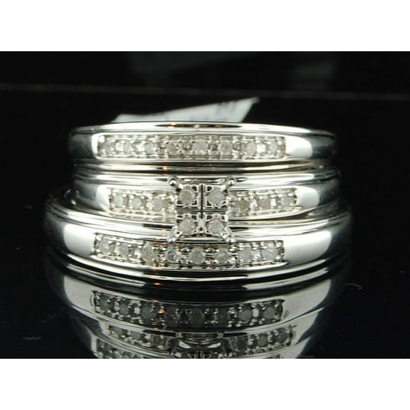 10K Mens Ladies White Gold Diamond Engagement Ring Wedding Band Trio Bridal Set
