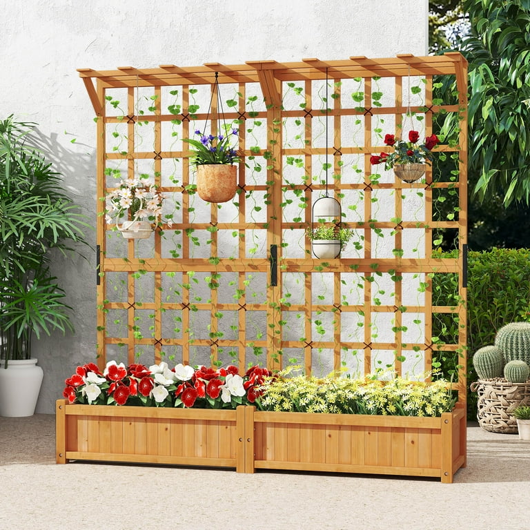 Costway 71" Large Wooden Planter Container with Trellis, Hanging Roof 4  Drainage Holes