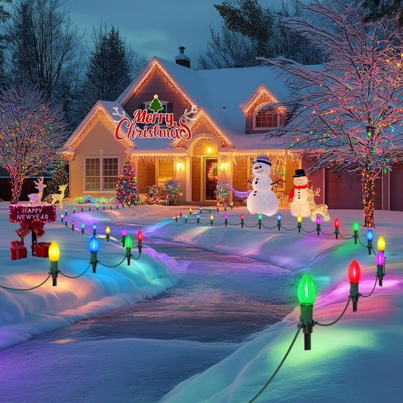 30Ft C9 LED Christmas Pathway Lights Outdoor, 20 Multicolor Bulbs Connectable Christmas Walkway Lights with Stakes for Yard Lawn Sidewalk Driveway Christmas Decorations
