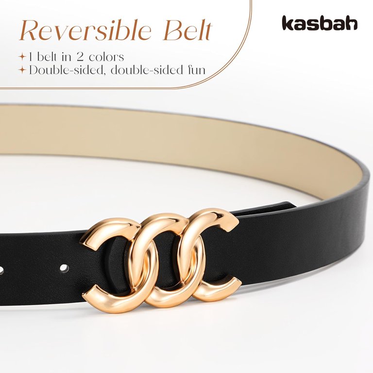 Reversible Faux Leather Belt for Women with Gold Buckle, Two-in-One Design Women main image 2