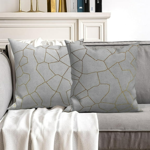 MIZHONA Couch Pillow Covers 18x18 Inch, Set of 2 Grey Gold Soft Throw Pillowcase for Sofa Living Room Bed