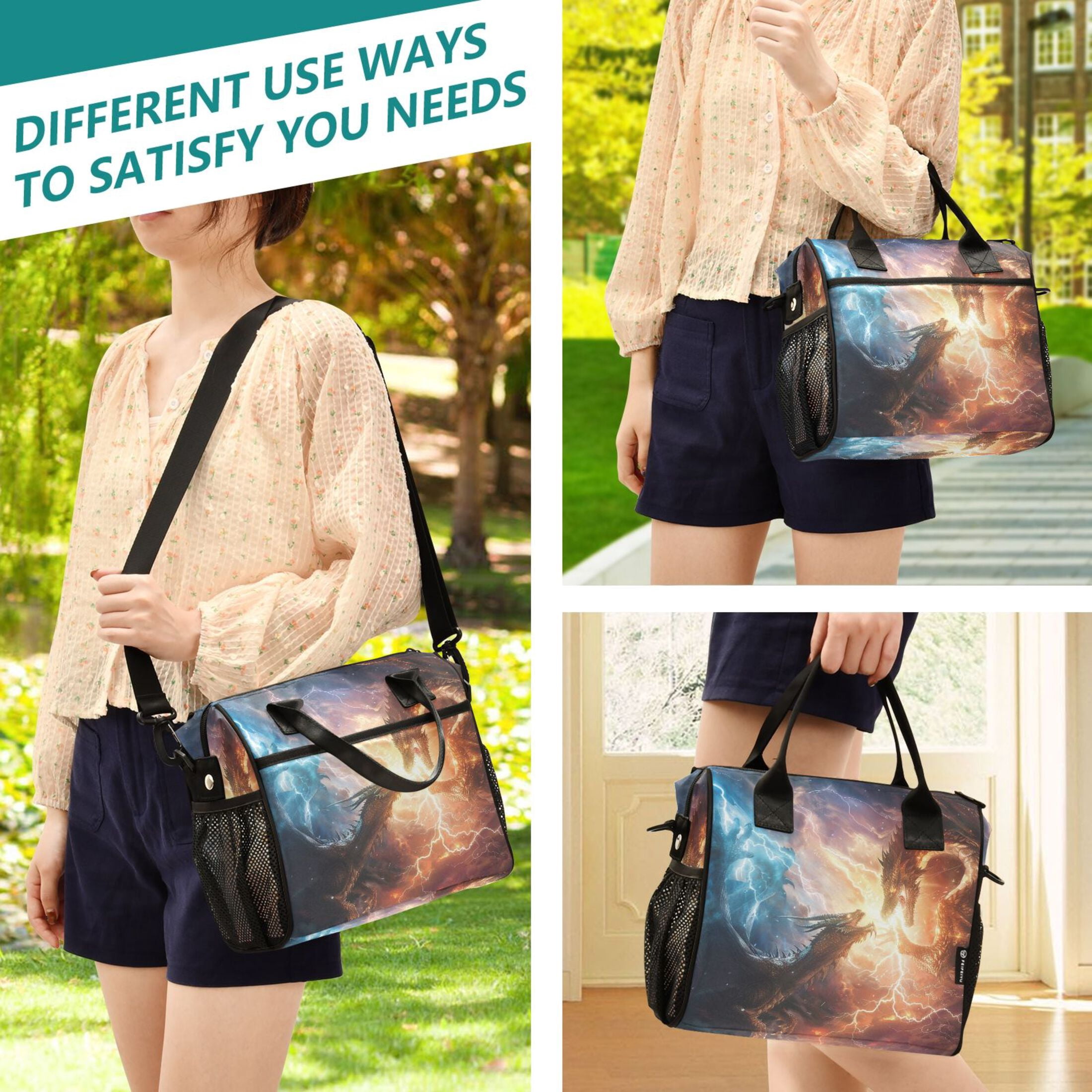 ALAZA Dragon with Fire Insulated Lunch Bag Reusable Tote Box Adjustable Shoulder Strap for Work Picnic