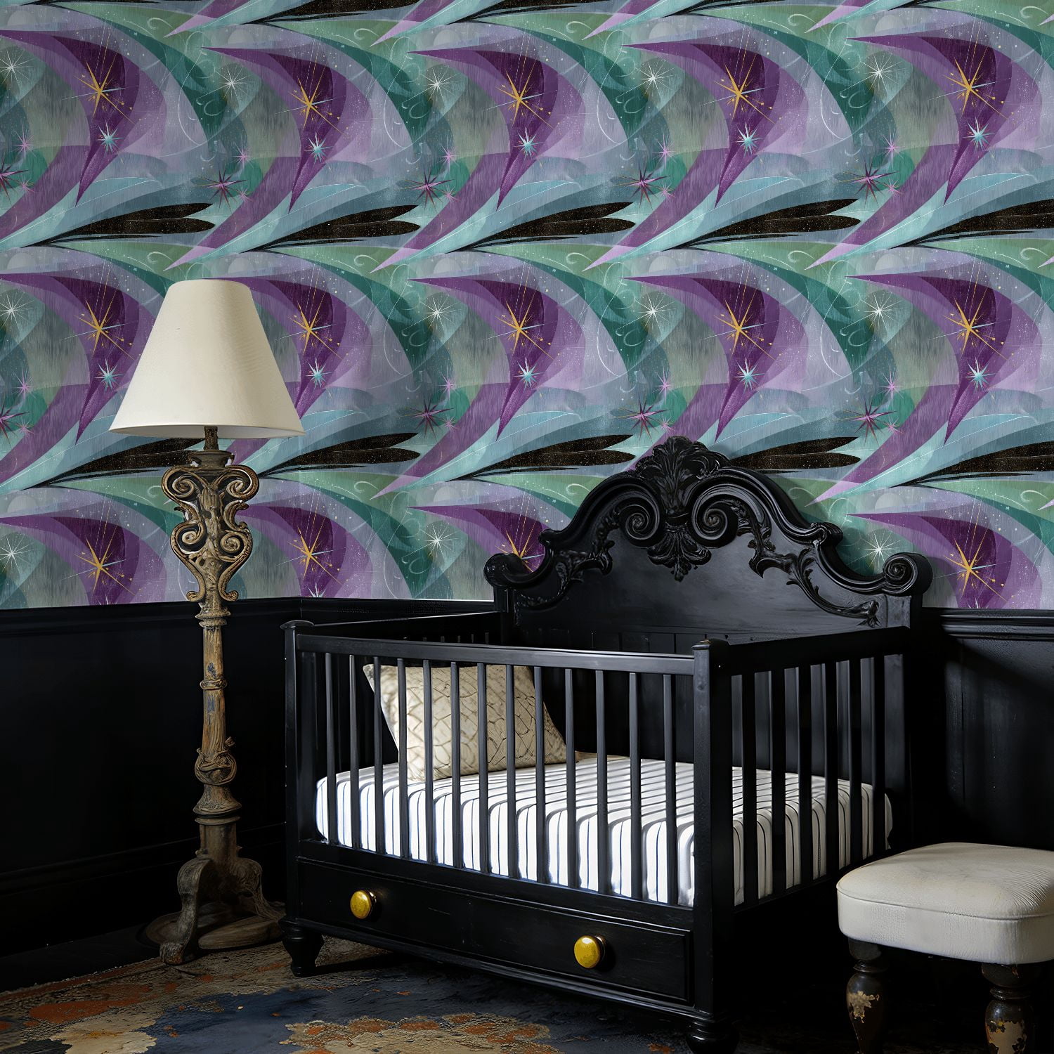 Mid Century Peel and Stick Wallpaper Abstract Geometric Star Patterns Mint Purple Gold 60s Style Wall Mural 17.7in x 9.8ft Self Adhesive Removable Wall Paper Renter Friendly Wallpaper for Bedroom