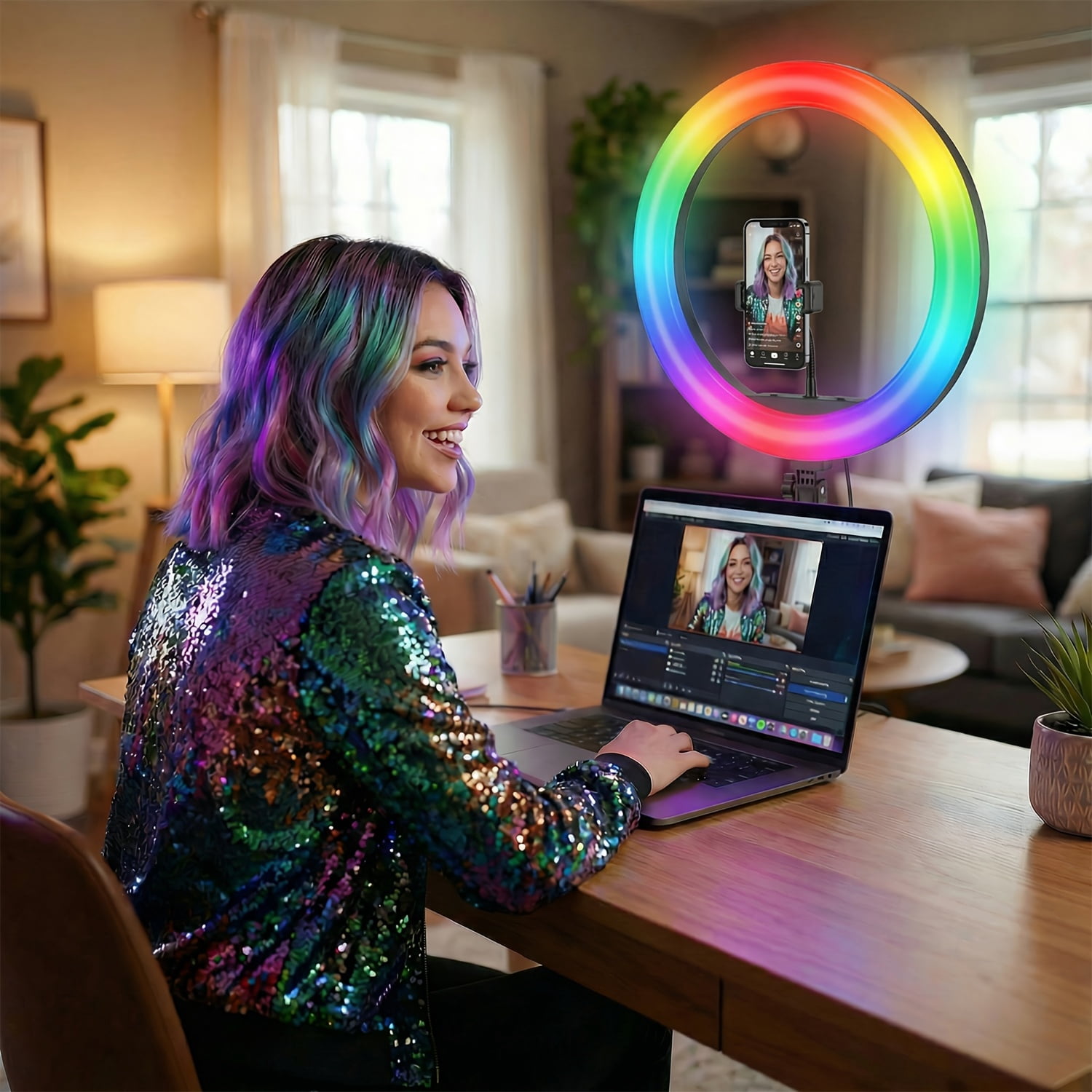 12" Ring Light with Stand, 63.3" Tall, Phone Holder, 3 CCT & RGB Modes, Adjustable LED Tripod for Makeup, Streaming, Photography, TikTok