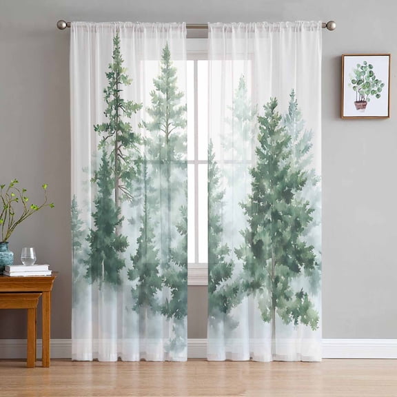 Forest Green Sheer Curtains 84 Inches Long 2 Panels Set, Window Sheer Curtains for Living Room/Bedroom, Spring Summer Watercolor Pine Tree Light Filtering Rod Pocket Curtain 52'' x 84'' x 2