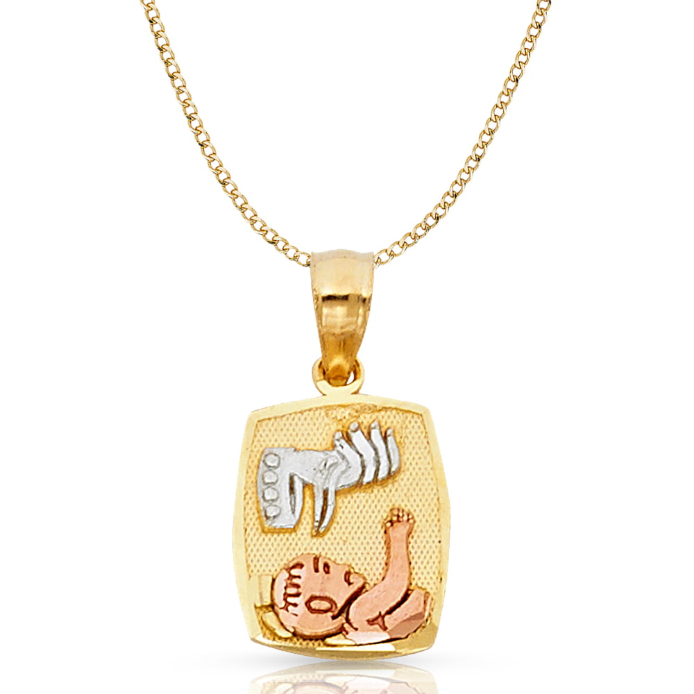 Details about   14K Gold Virgin Mary Baptism Charm Pendant 2mm Hollow Cuban Bevel Chain Necklace 