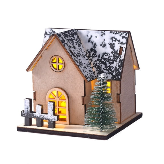 DIY Christmas House Kit, Lighted Wooden Village Decor, 4.72 Inch Snowy Cottage Model with Glowing Windows Layered Roof Details and A Small Fence, Wooden Craft Pieces with LED Light