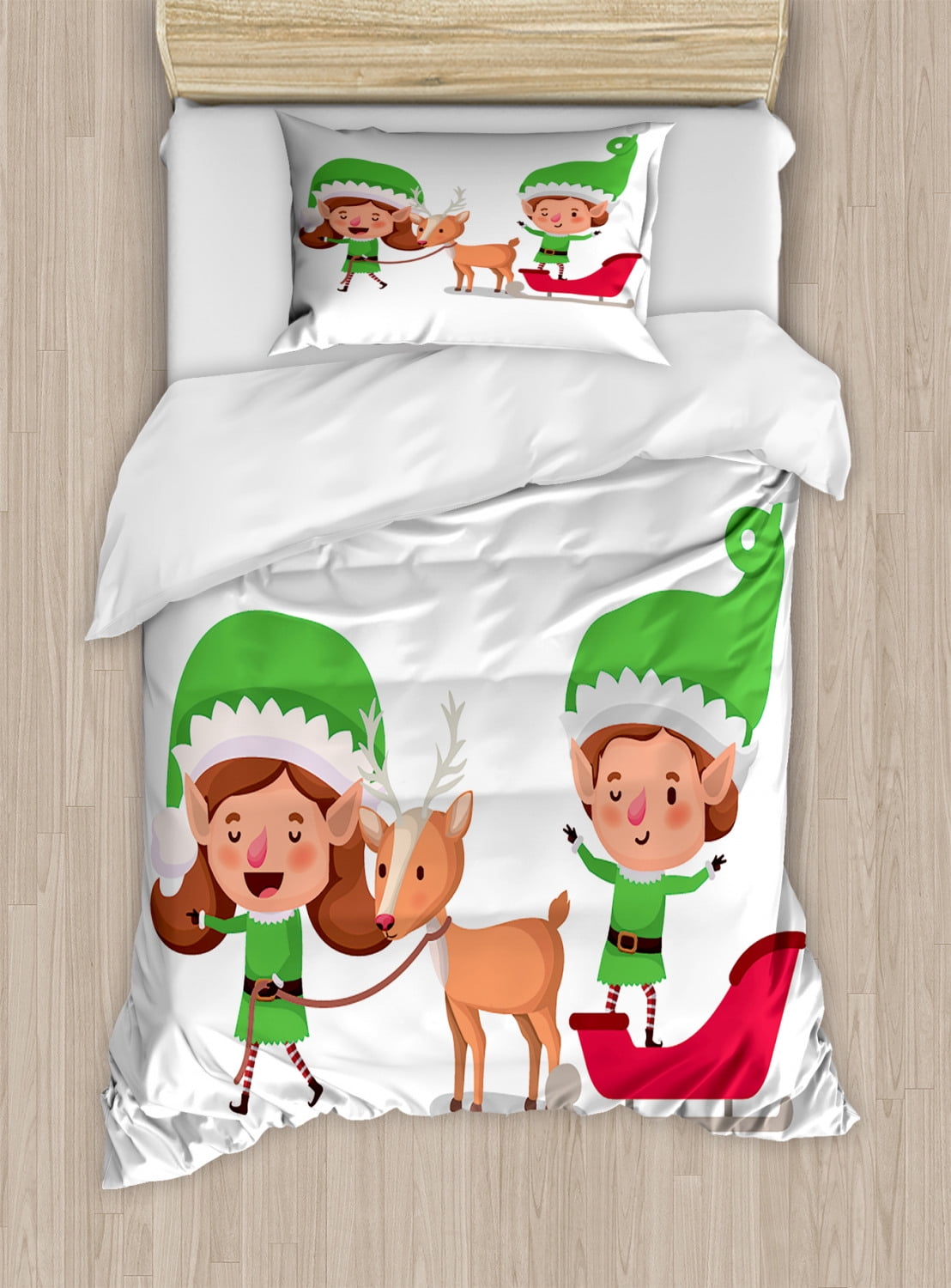 Elf Duvet Cover Set, Elves and Reindeer on Sleigh Christmas Characters, Decorative Bedding Set 