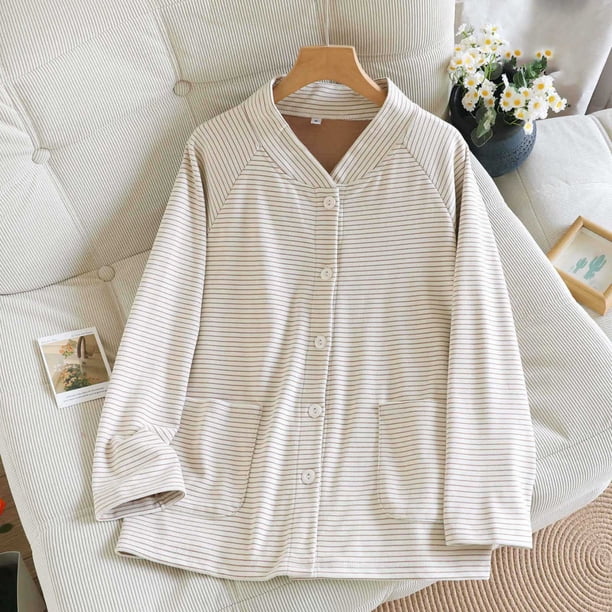 Ropa interior térmica para mujer, pijama de invierno de terciopelo a rayas con cuello en V, manga larga y bolsillo para el hogar, top de poliéster para mujer