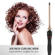 9mm Thin Curling Iron Ceramic, 3/8 inch Small Barrel Hair Curling Wand for Long & Short Hair, LCD Display with 9 Heat Setting Include Glove(Golden)