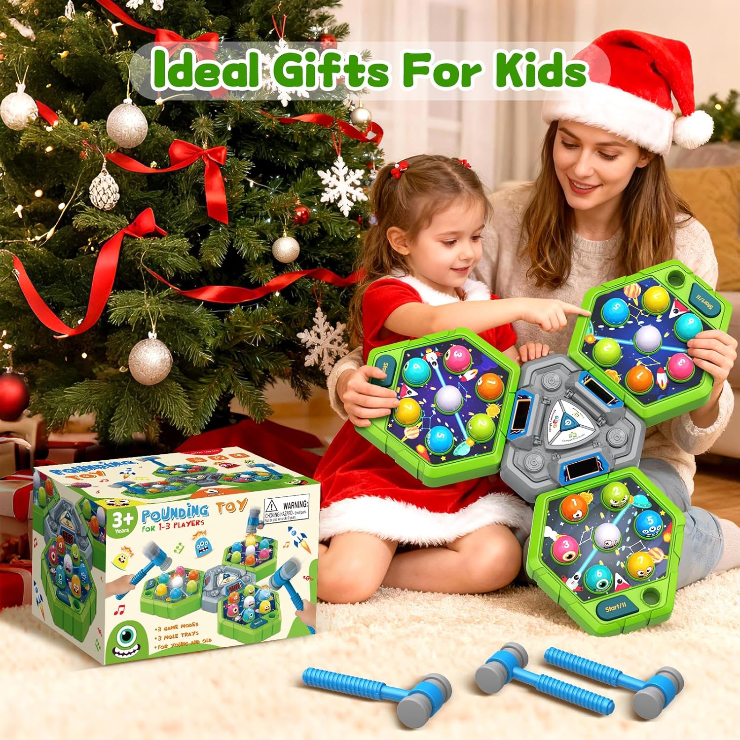 3-Player Whack Game Mole Toy , Early Learning Toy with Lights & Sounds, Interactive Pounding Hammer Toy with 3 Game Modes