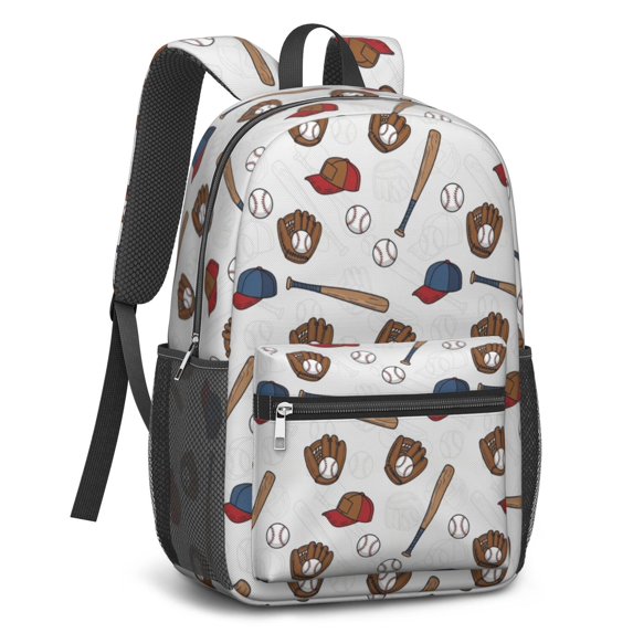 Baseballs and Caps Light Gray Pattern 17" Waterproof Oxford School Backpacks for Teens, S-Shape Padded Straps, for School, Travel, Hiking, Camping
