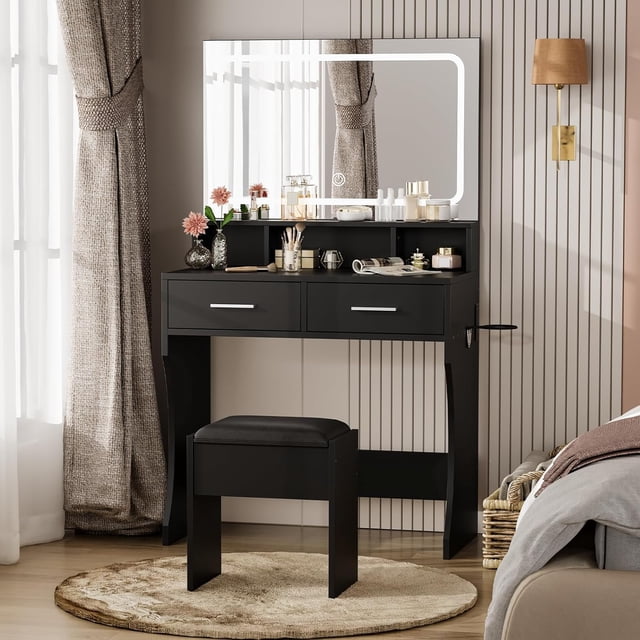 Black Modern Vanity Desk Set with 31.5" Large LED Lighted Mirror, 3 Color Lighting Modes, 2 Drawers, Built-in Power Outlet and Cushioned Stool, Makeup Dressing Table for Bedroom