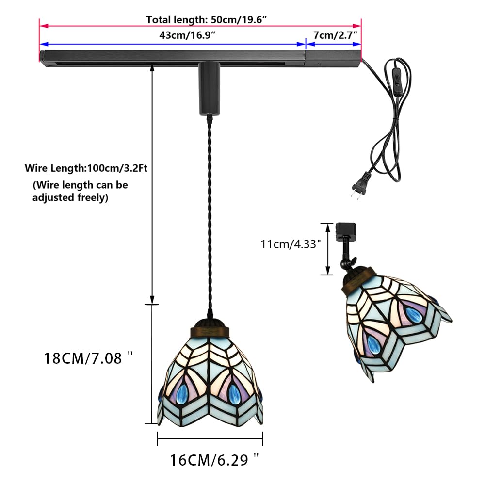KAYYELAMP 1x Plug in Cable Track Rail, 1X Adjustable Cord, 1x Adjustable Angle Blue Glass Shade Handmade Pastoral Style Tiffany H-Type Track Lighting Fixture for Gallery Loft(No Bulb)