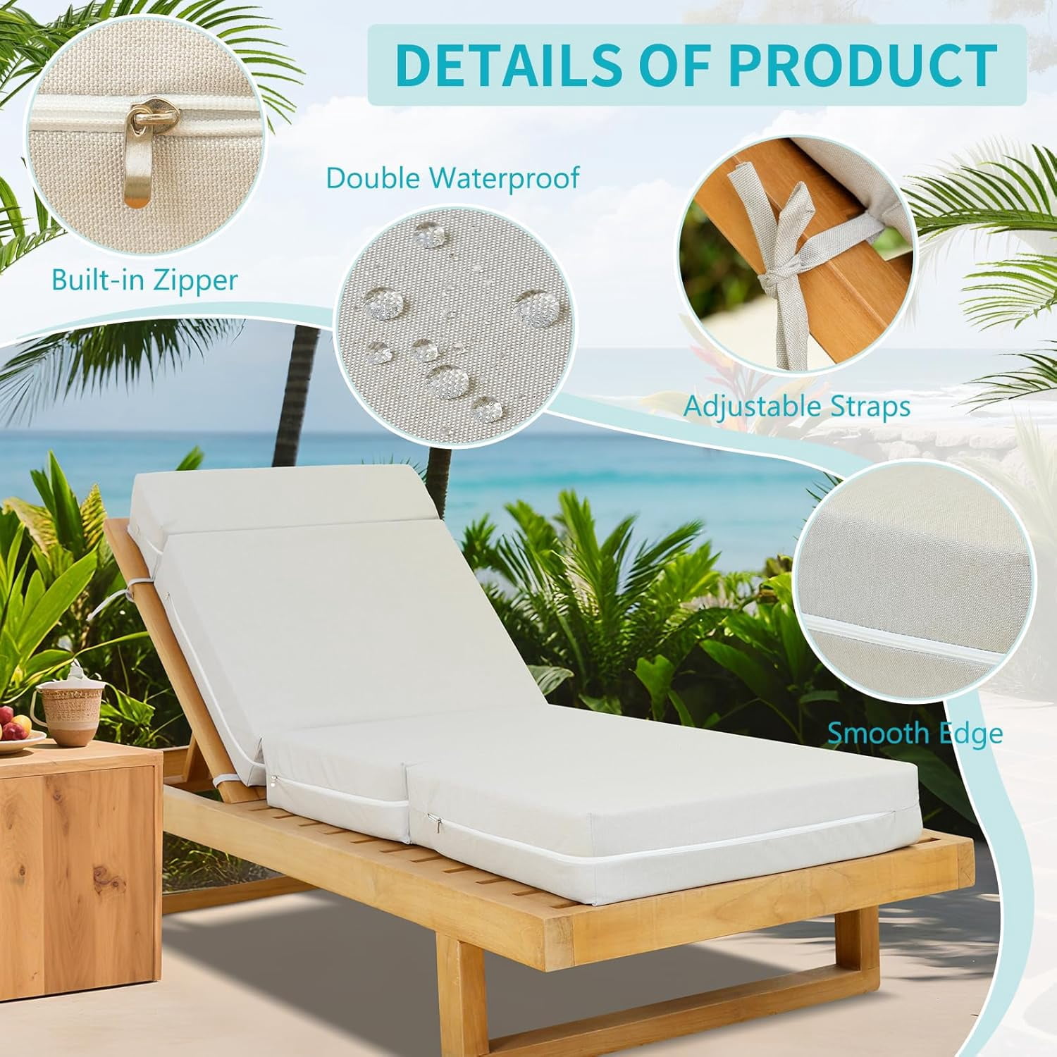 Bronkige 2 Pcs Chaise Lounge Cushions Outdoor, 72x21x5 Inch Thick Waterproof Outdoor Furniture Cushions with Removable Cover, Patio Lounge Chair Cushions for Outdoor Furniture, Beige