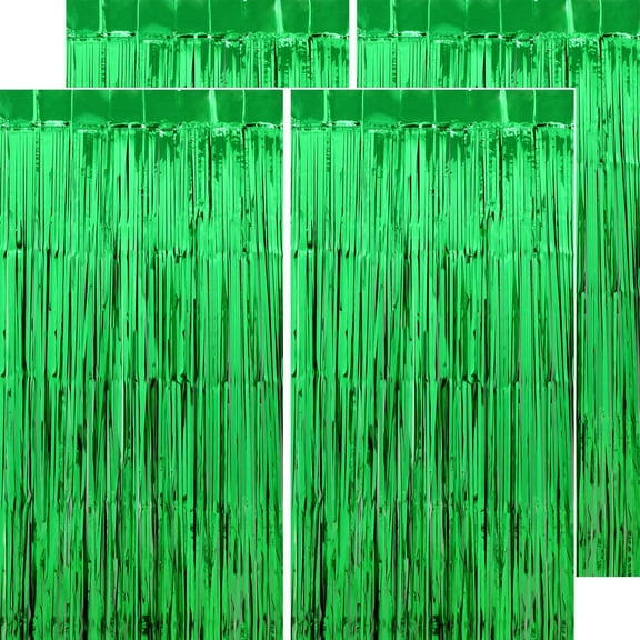 Green Streamers Party Decorations - 4 Pack 3.2 x 6.56 FT - Green Tinsel Foil Fringe Curtains Party Backdrop for Birthday, Dinosaur, Jungle, Football, Golf Themed Party Decorations