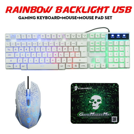 Rainbow Backlight Kit USB LED Gaming Keyboard and 2400DPI Optical Gamer Mouse & Mouse Pad Set For PC