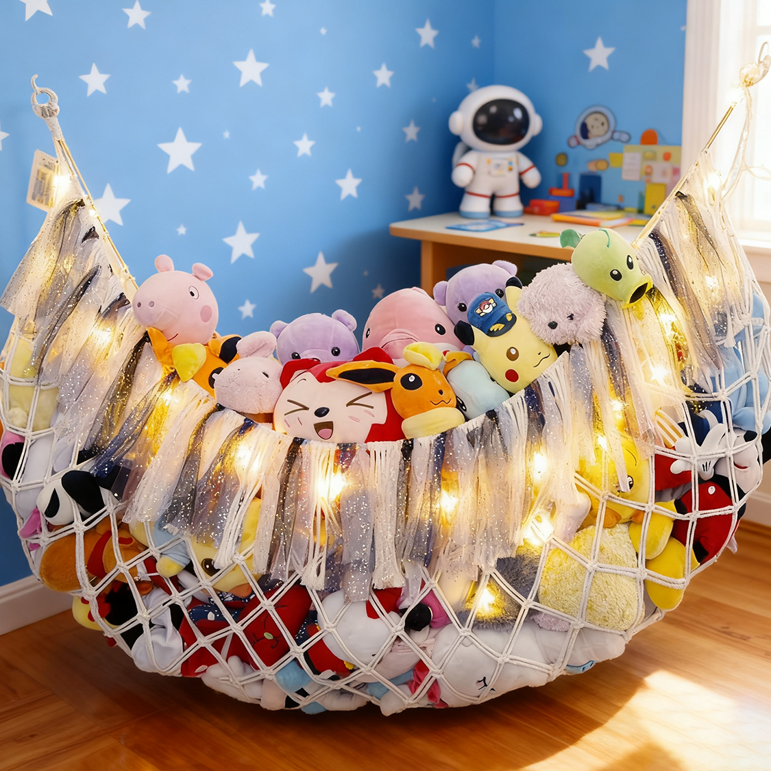 Large plush toy net or hammock for toy storage in children's rooms, bedrooms, and playrooms, with a lightweight wall-mounted storage organizer - Beige toy net