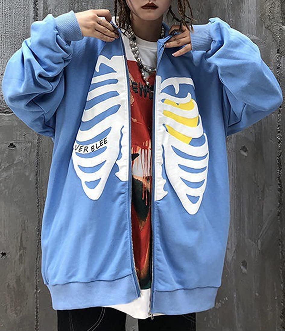 Chaos World Women's Zip Up Skeleton Print Hoodie Y2K E-Girl Long Sleeve Hooded Jacket Sweatshirt