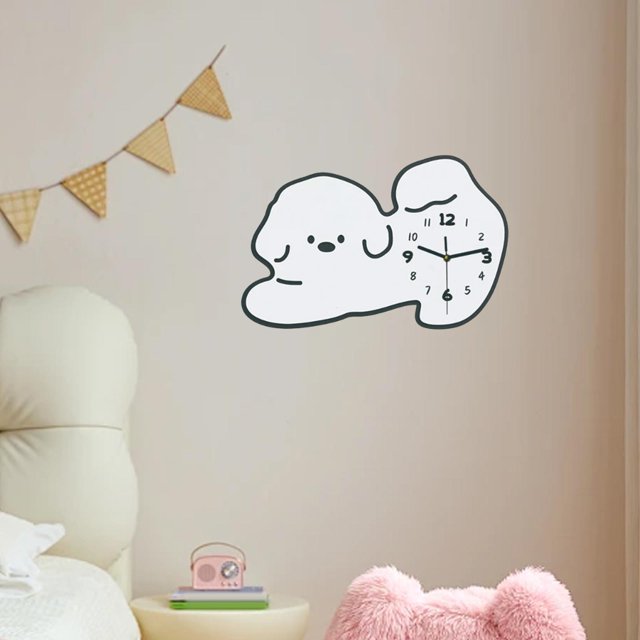 Reloj de pared de dibujos animados, decoración de pared, acrílico, con forma de cachorro, silencioso, decorativo para habitación de niños, sala de Blanco