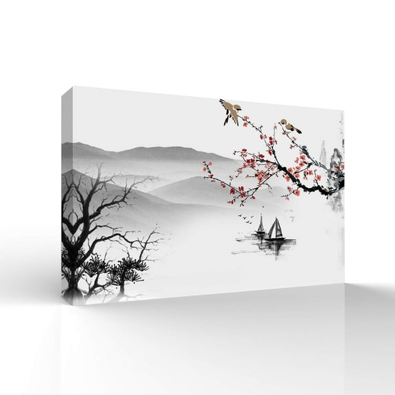 wall26 Canvas Wall Art Chinese Ink Landscape Painting Pictures Home Wall Decorations for Bedroom Living Room Paintings Canvas Prints Framed - 16x24 inches