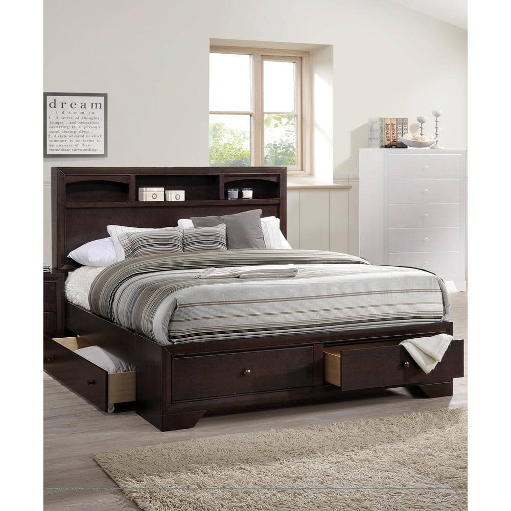 Wooden E.King Bed With Display Shelves & Under Bed Drawers Dark Brown