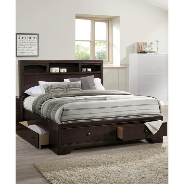 Wooden E.King Bed With Display Shelves & Under Bed Drawers Dark Brown